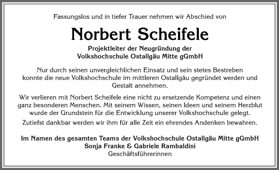 Traueranzeige von Norbert Scheifele von Allgäuer Zeitung, Marktoberdorf