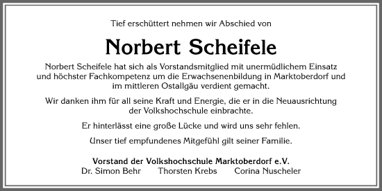 Traueranzeige von Norbert Scheifele von Allgäuer Zeitung, Marktoberdorf