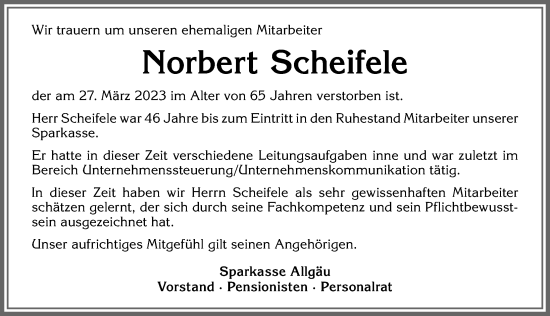 Traueranzeige von Norbert Scheifele von Allgäuer Zeitung, Marktoberdorf