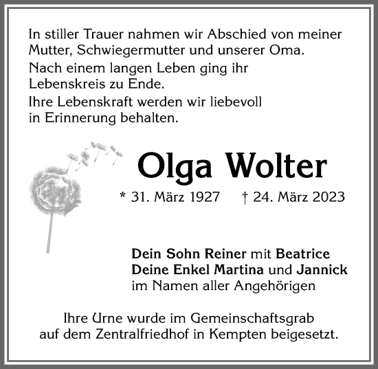 Traueranzeige von Olga Wolter von Allgäuer Zeitung,Kempten