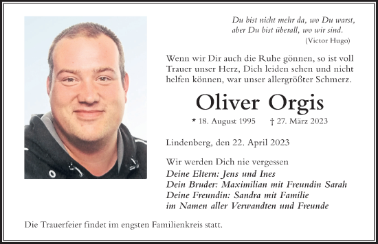 Traueranzeige von Oliver Orgis von Der Westallgäuer