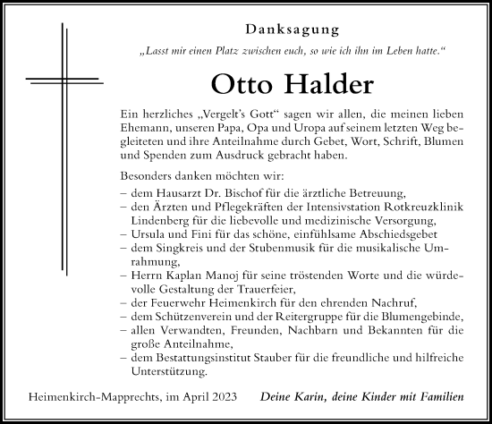 Traueranzeige von Otto Halder von Der Westallgäuer