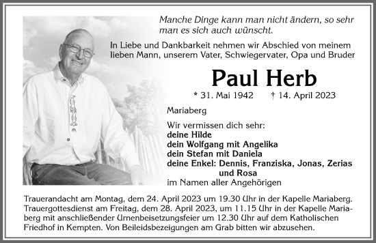 Traueranzeige von Paul Herb von Allgäuer Zeitung,Kempten
