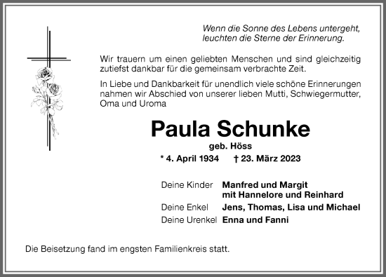 Traueranzeige von Paula Schunke von Memminger Zeitung