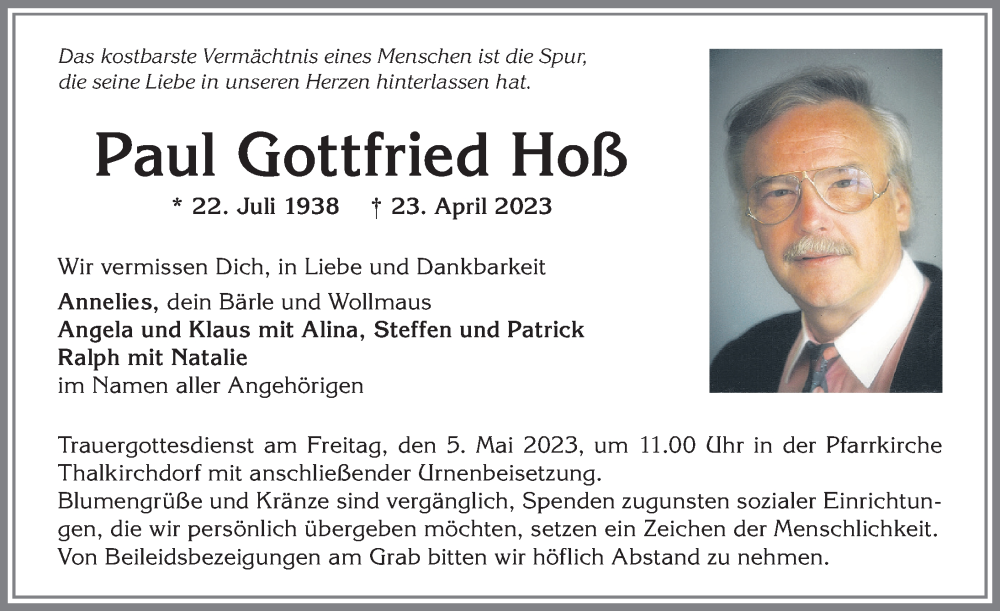  Traueranzeige für Paul Gottfried Hoß vom 28.04.2023 aus Allgäuer Anzeigeblatt