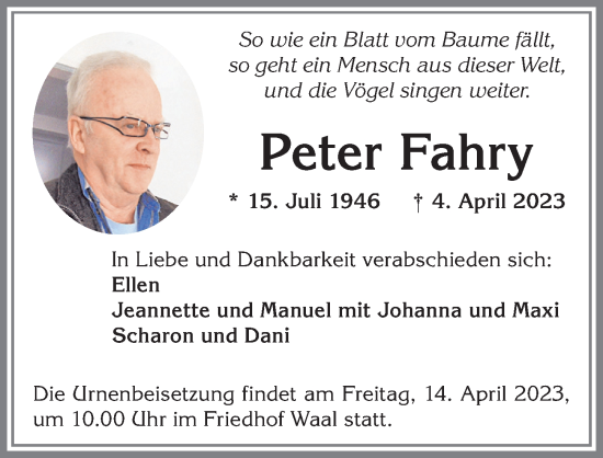 Traueranzeige von Peter Fahry von Allgäuer Zeitung, Kaufbeuren/Buchloe