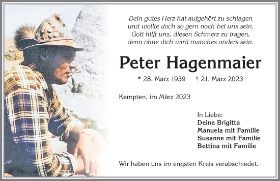 Traueranzeige von Peter Hagenmaier von Allgäuer Zeitung,Kempten