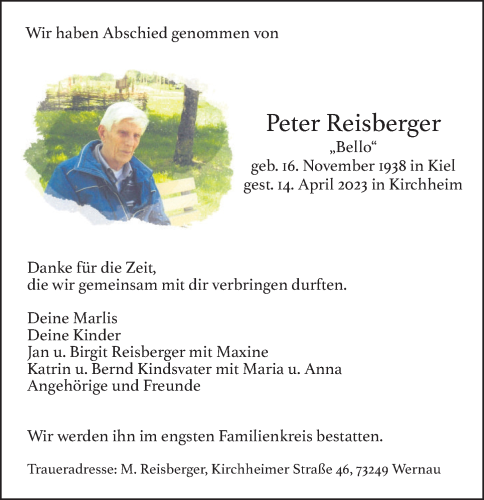  Traueranzeige für Peter Reisberger vom 21.04.2023 aus Memminger Zeitung