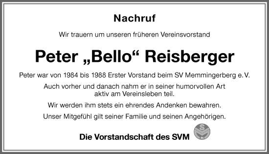 Traueranzeige von Peter Reisberger von Memminger Zeitung