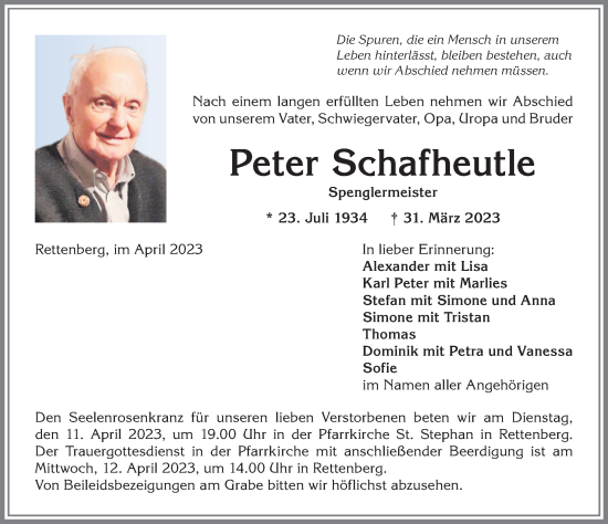 Traueranzeige von Peter Schafheutle von Allgäuer Anzeigeblatt