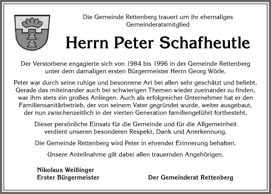 Traueranzeige von Peter Schafheutle von Allgäuer Anzeigeblatt