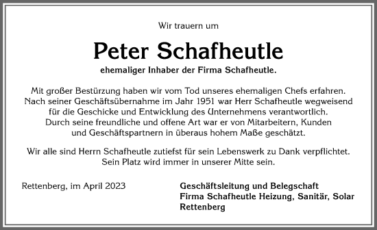 Traueranzeige von Peter Schafheutle von Allgäuer Anzeigeblatt