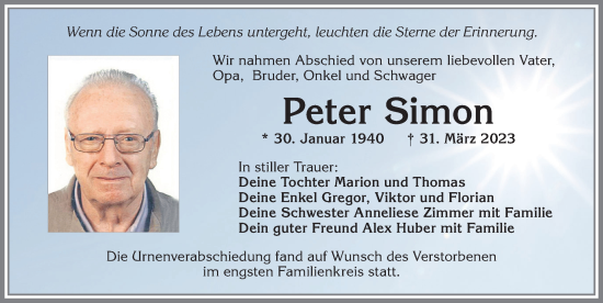 Traueranzeige von Peter Simon von Allgäuer Zeitung, Kaufbeuren/Buchloe