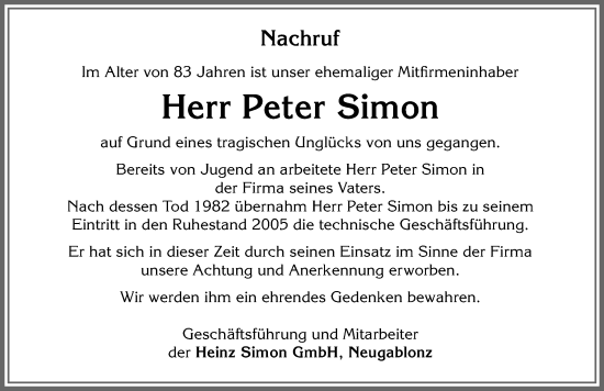 Traueranzeige von Peter Simon von Allgäuer Zeitung, Kaufbeuren/Buchloe