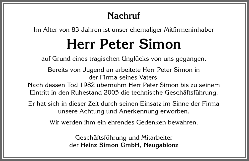 Traueranzeigen von Peter Simon | Allgäuer Zeitung