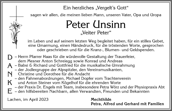 Traueranzeige von Peter Unsinn von Allgäuer Zeitung, Füssen