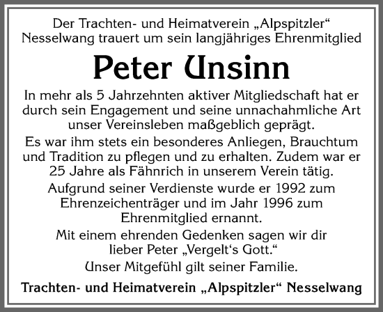 Traueranzeige von Peter Unsinn von Allgäuer Zeitung, Füssen