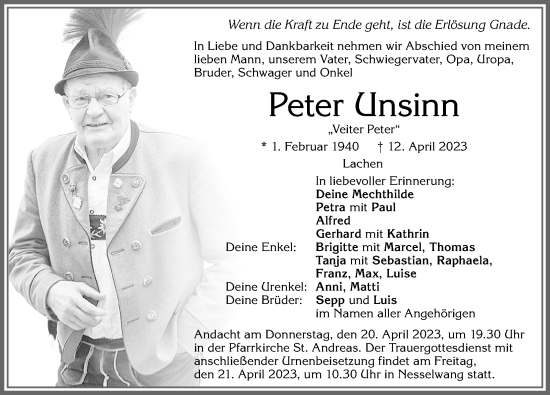 Traueranzeige von Peter Unsinn von Allgäuer Zeitung, Füssen