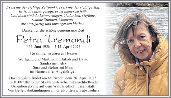 Traueranzeige von Petra Tremondi von Allgäuer Zeitung, Füssen
