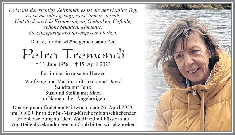  Traueranzeige für Petra Tremondi vom 22.04.2023 aus Allgäuer Zeitung, Füssen