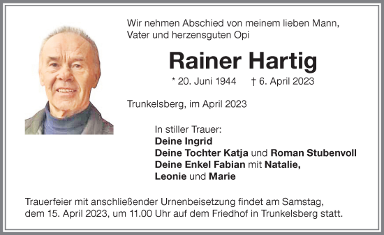 Traueranzeige von Rainer Hartig von Memminger Zeitung