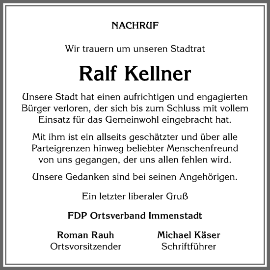 Traueranzeige von Ralf Kellner von Allgäuer Anzeigeblatt