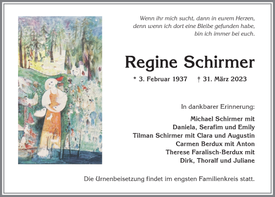 Traueranzeige von Regine Schirmer von Allgäuer Anzeigeblatt
