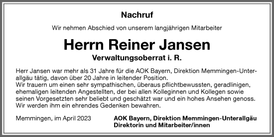 Traueranzeige von Reiner Jansen von Memminger Zeitung