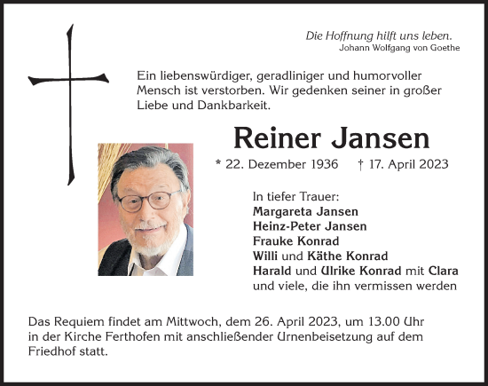 Traueranzeige von Reiner Jansen von Mindelheimer Zeitung, Augsburger Allgemeine
