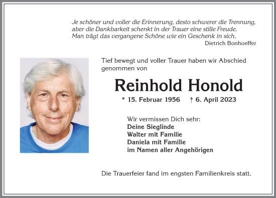 Traueranzeige von Reinhold Honold von Allgäuer Zeitung,Kempten