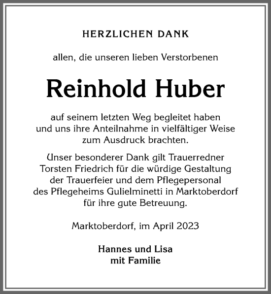 Traueranzeige von Reinhold Huber von Allgäuer Zeitung, Marktoberdorf