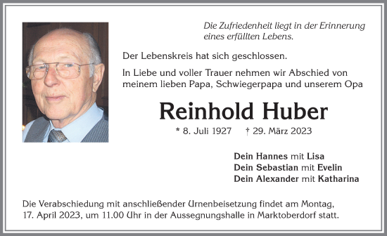 Traueranzeige von Reinhold Huber von Allgäuer Zeitung, Marktoberdorf