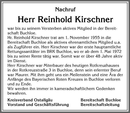 Traueranzeige von Reinhold Kirschner von Allgäuer Zeitung, Kaufbeuren/Buchloe