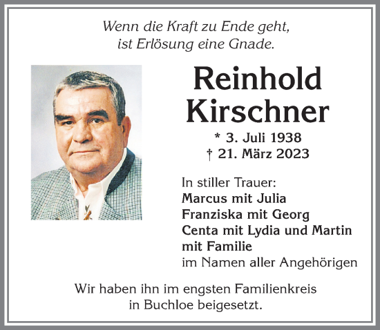 Traueranzeige von Reinhold Kirschner von Allgäuer Zeitung, Kaufbeuren/Buchloe