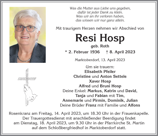 Traueranzeige von Resi Hosp von Allgäuer Anzeigeblatt