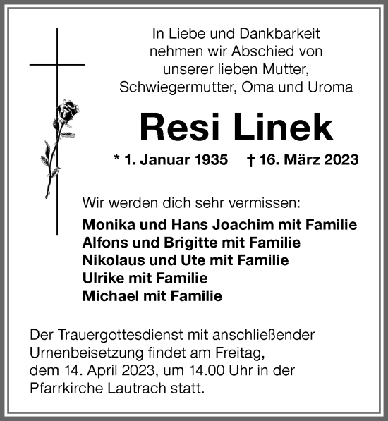 Traueranzeige von Resi Linek von Memminger Zeitung
