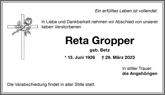 Traueranzeige von Reta Gropper von Memminger Zeitung