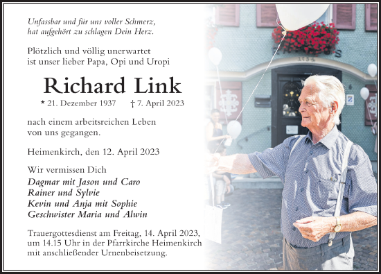 Traueranzeige von Richard Link von Der Westallgäuer