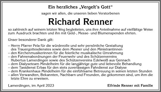 Traueranzeige von Richard Renner von Allgäuer Zeitung, Kaufbeuren/Buchloe