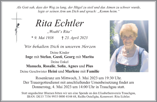Traueranzeige von Rita Echtler von Allgäuer Zeitung, Füssen