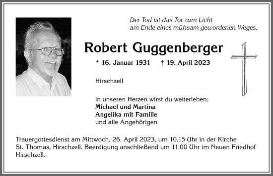 Traueranzeige von Robert Guggenberger von Allgäuer Zeitung, Kaufbeuren/Buchloe
