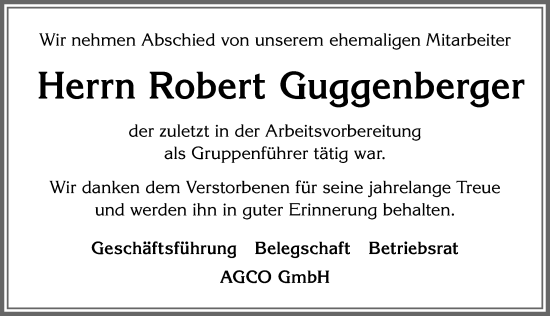 Traueranzeige von Robert Guggenberger von Allgäuer Zeitung, Marktoberdorf
