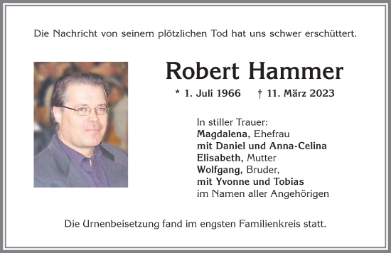 Traueranzeige von Robert Hammer von Allgäuer Zeitung,Kempten