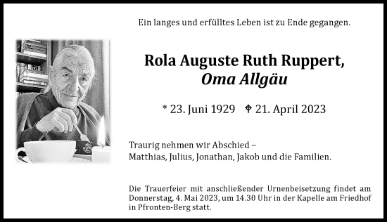 Traueranzeige von Rola Auguste Ruth Ruppert von Allgäuer Zeitung, Füssen