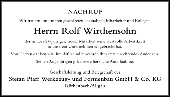 Traueranzeige von Rolf Wirthensohn von Der Westallgäuer