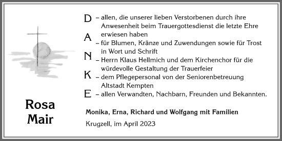 Traueranzeige von Rosa Mair von Allgäuer Zeitung,Kempten