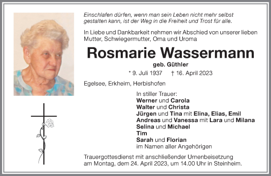 Traueranzeige von Rosmarie Wassermann von Memminger Zeitung