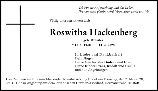Traueranzeige von Roswitha Hackenberg von Augsburger Allgemeine, Illertisser Zeitung