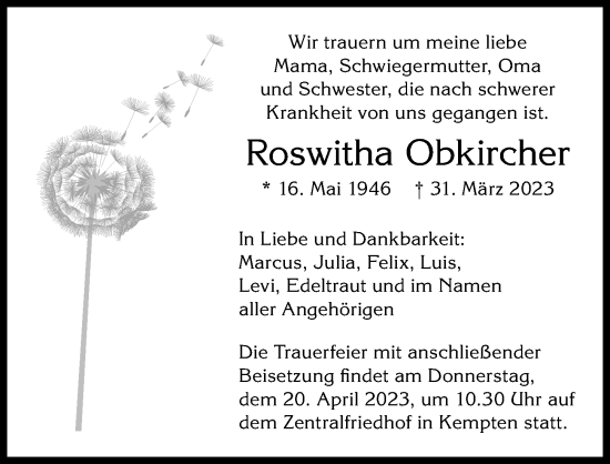 Traueranzeige von Roswitha Obkircher von Allgäuer Zeitung,Kempten