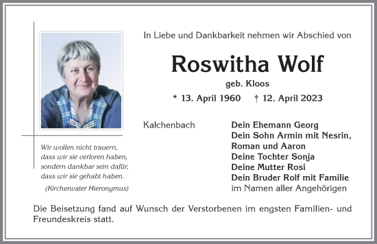 Traueranzeige von Roswitha Wolf von Allgäuer Anzeigeblatt